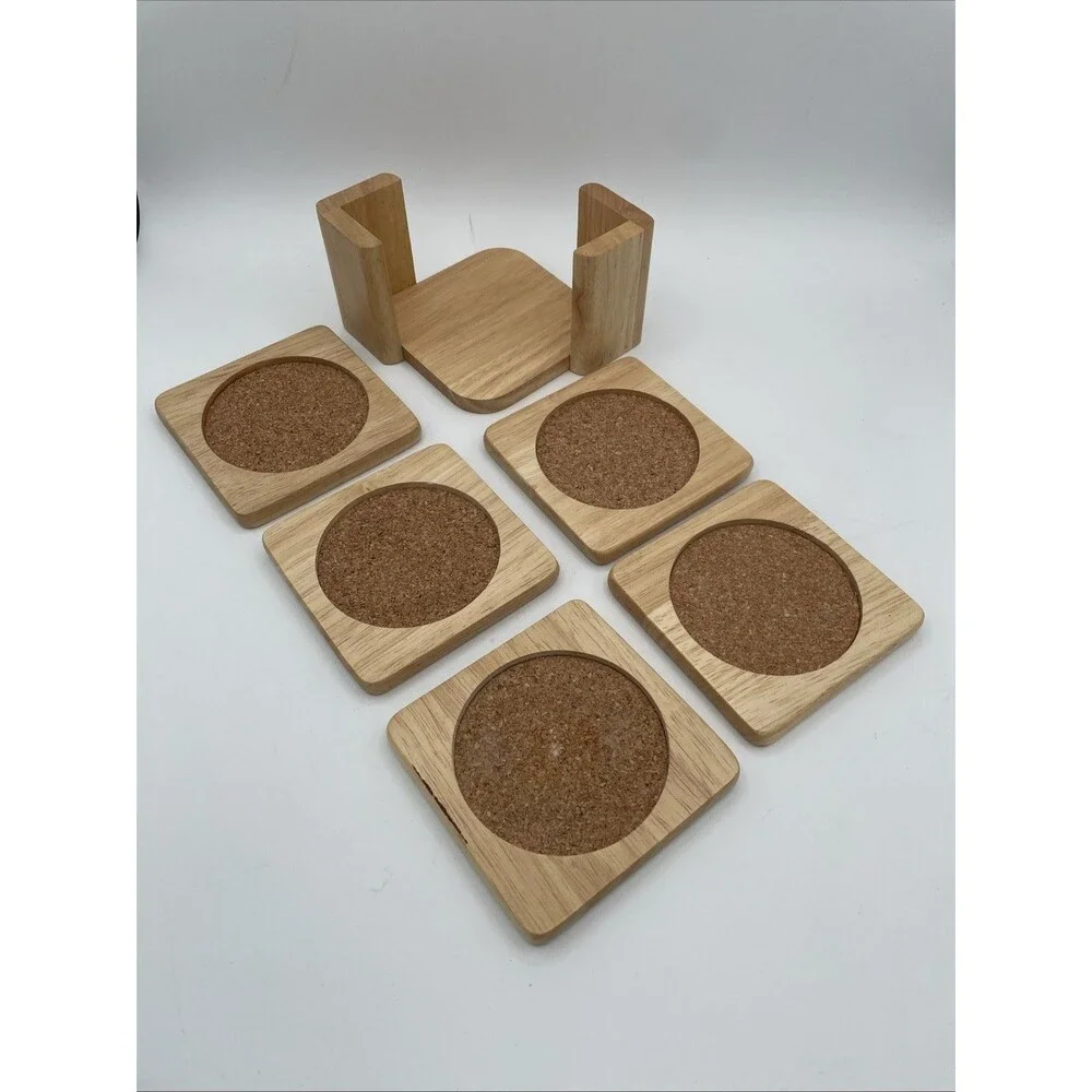 Set Of 5 MCM Vintage Light Wood Drink Coaster Set with Holder CORK TAIWAN